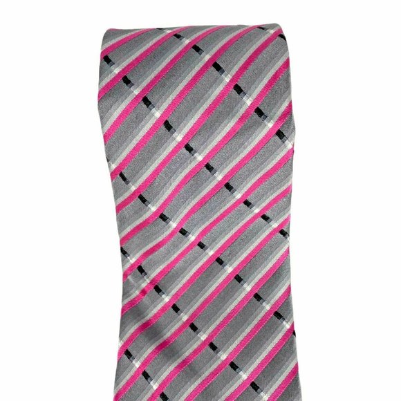 Alfani Pink Gray Black Diagonal Striped Silk‎ Tie - Picture 3 of 6
